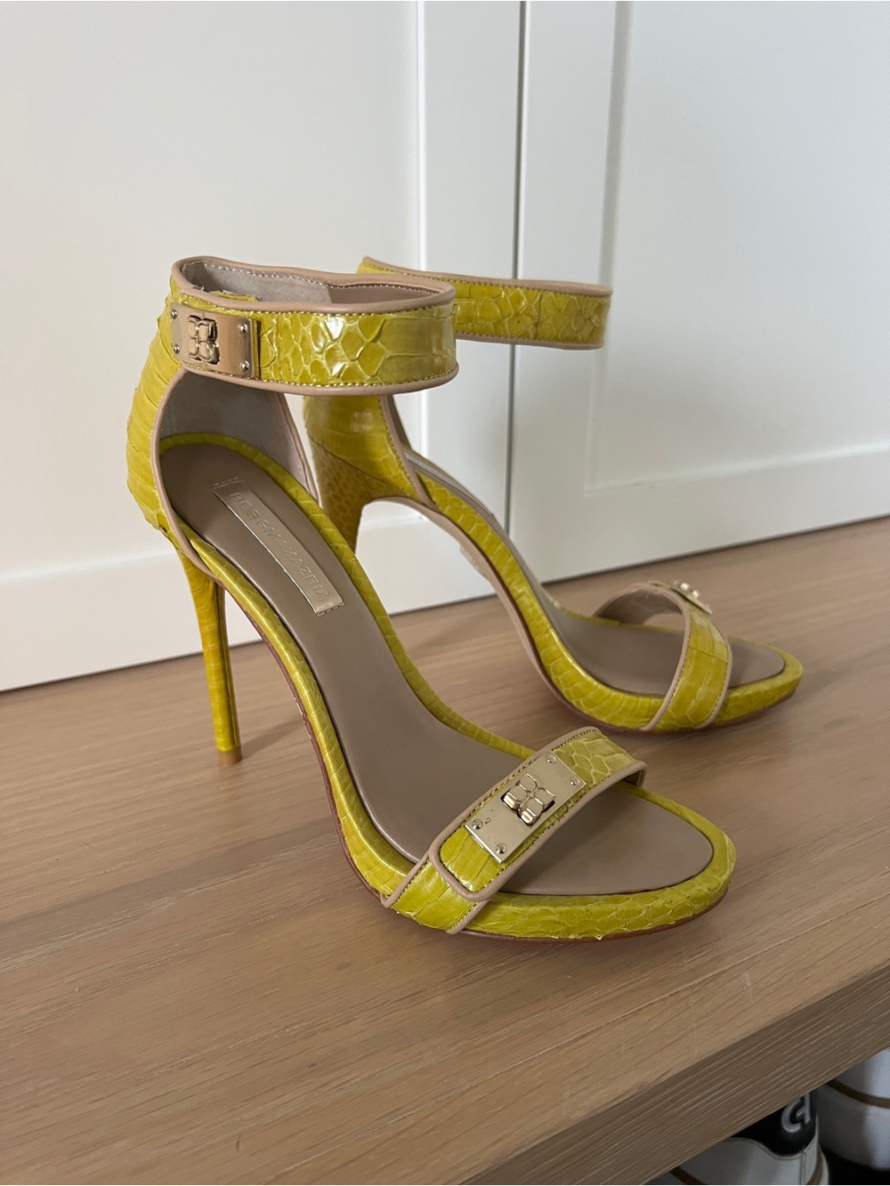 BCBG Snake-Embossed Ankle-Strap High Heel Sandals